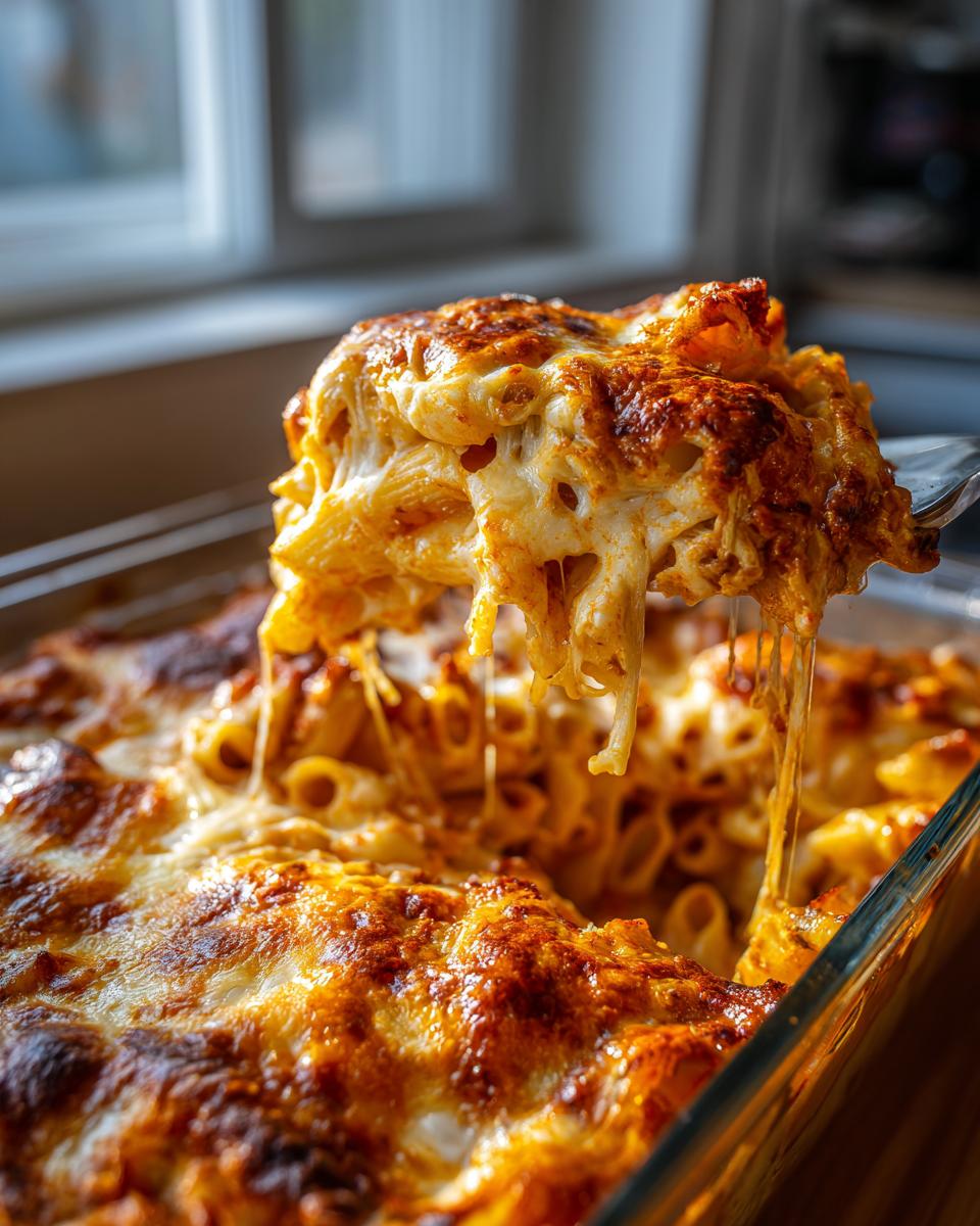 A fork lifting a cheesy portion of baked ziti with three cheeses from a baking dish.