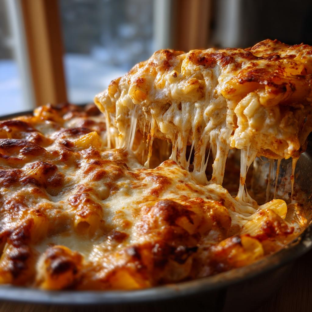 A serving spoon lifts a cheesy portion of baked ziti with three cheeses, showing long strings of melted cheese.