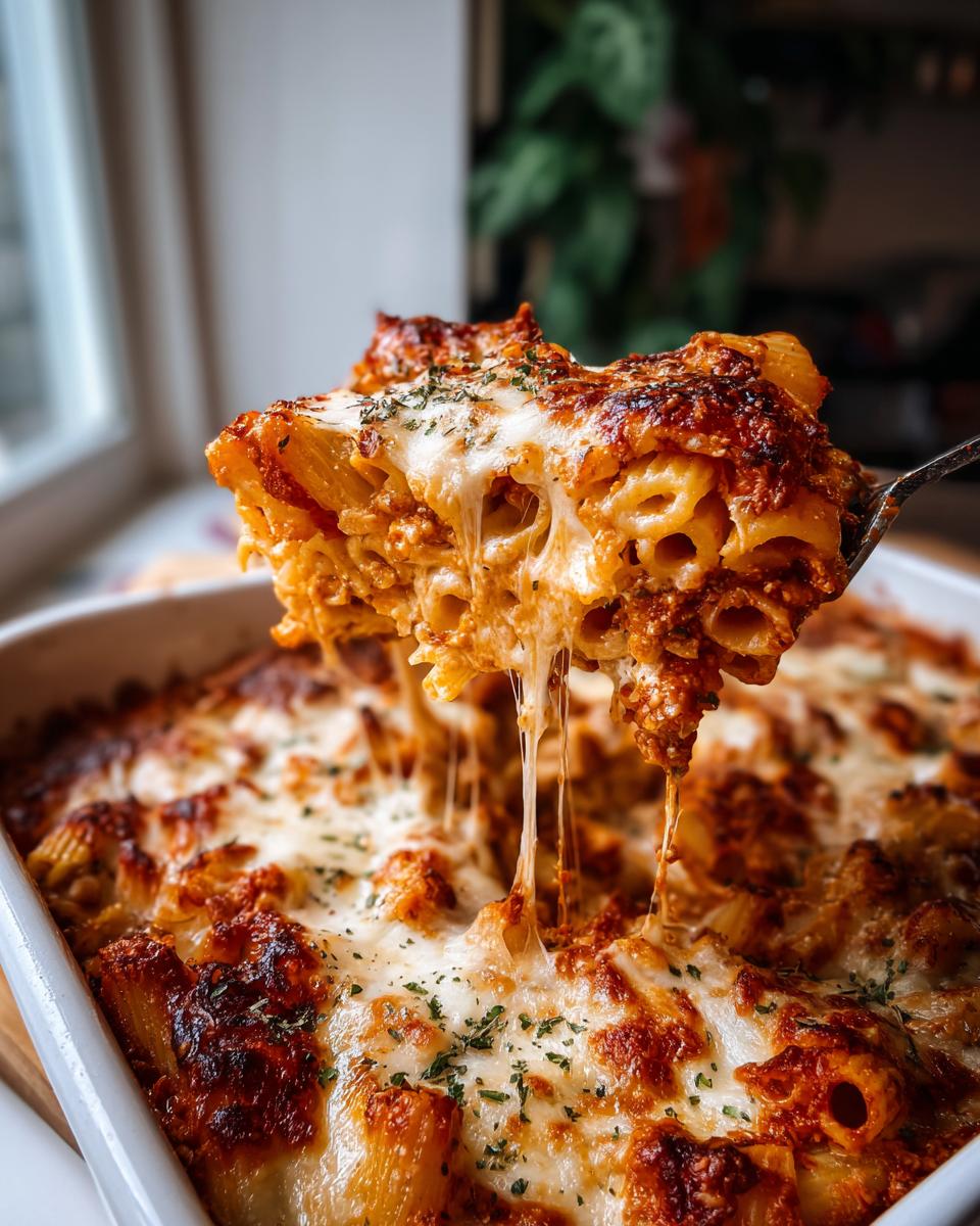 A scoop of baked ziti with three cheeses, showing melted cheese strings and herbs.