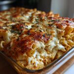 A close-up of a baking dish filled with golden-brown baked ziti, topped with melted mozzarella and herbs.
