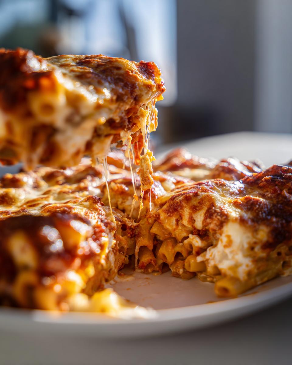 A slice of baked ziti with three cheeses being lifted, showing gooey melted cheese strings.