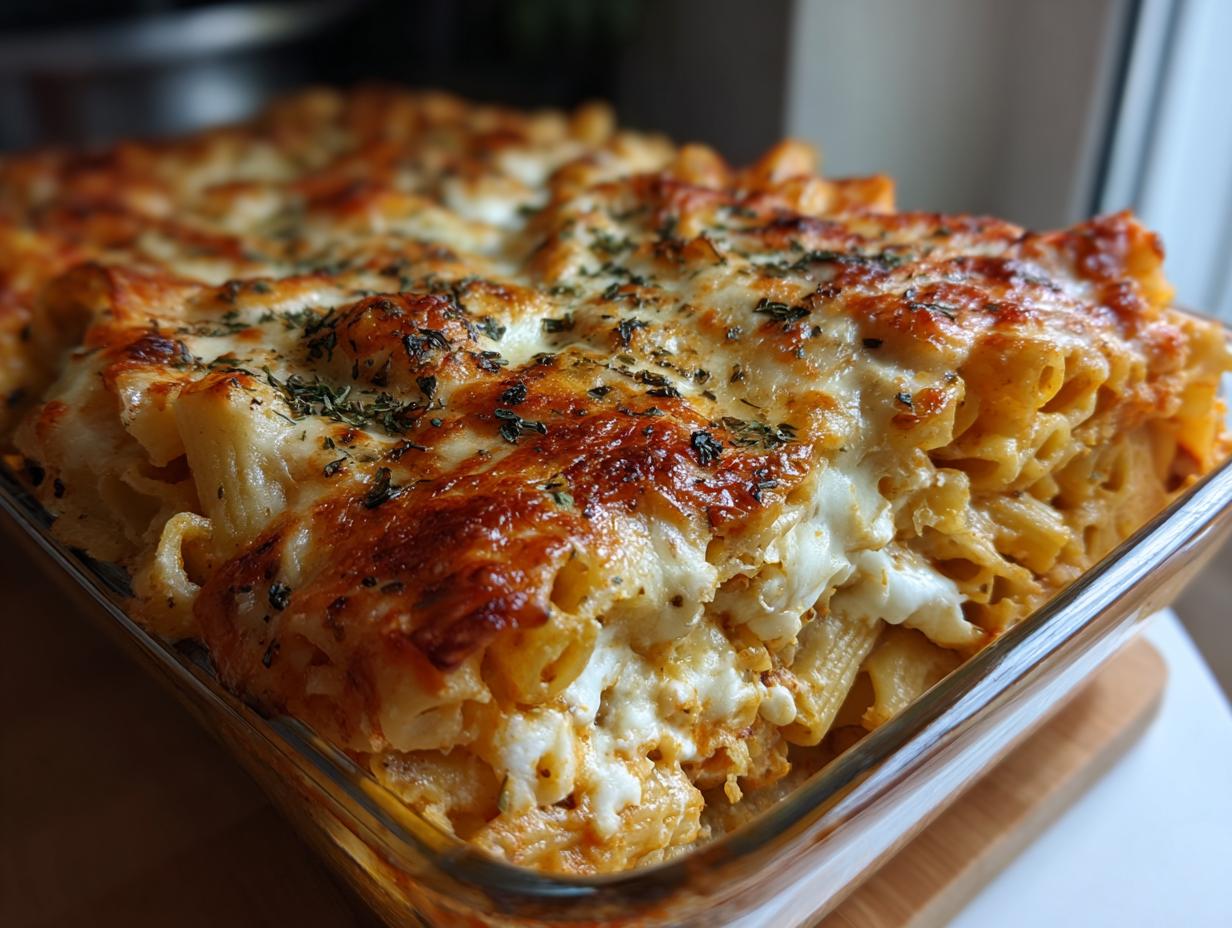 A close-up of a baking dish filled with golden-brown baked ziti, topped with melted mozzarella and herbs.