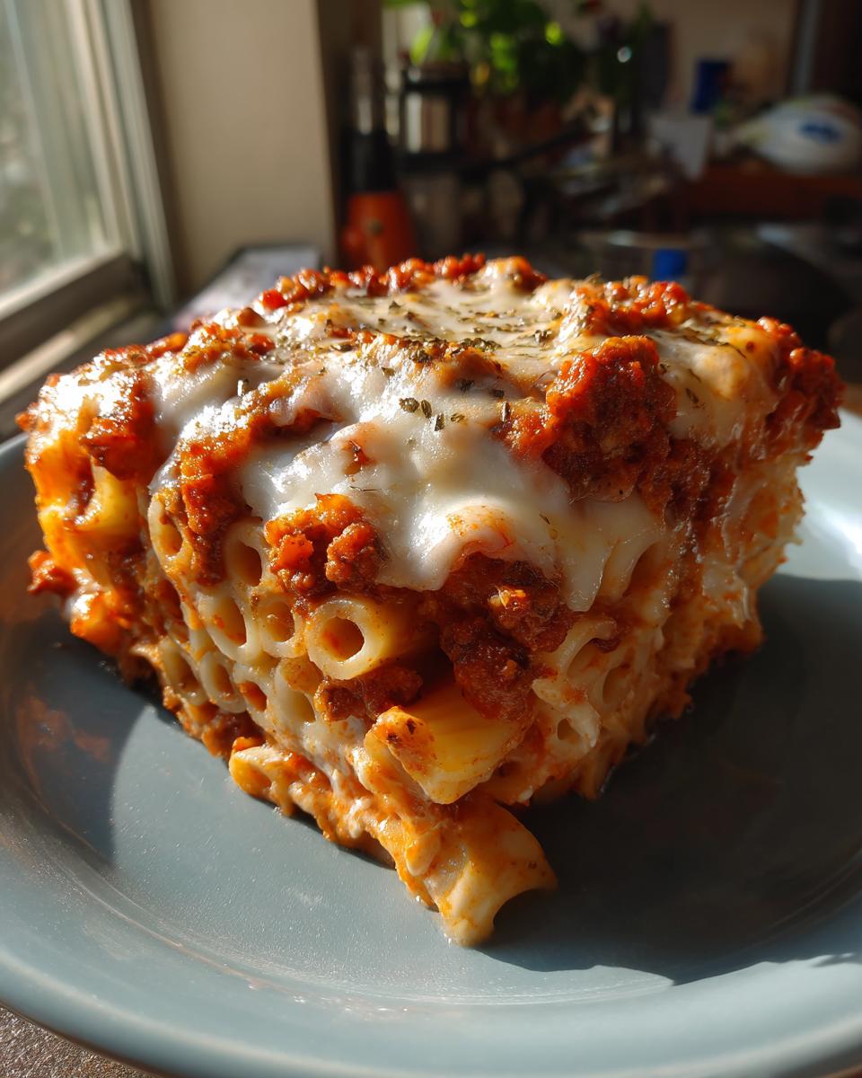 A hearty slice of baked ziti with three cheeses, topped with meat sauce and herbs, on a blue plate.