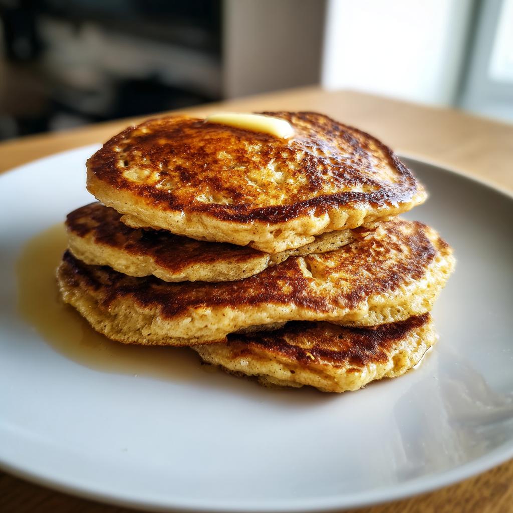A stack of golden-brown banana oat pancakes topped with a melting pat of butter and syrup.