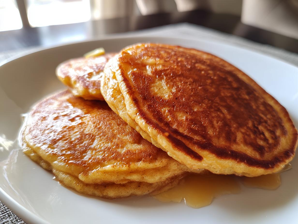 Close-up of a stack of golden-brown banana oat pancakes drizzled with syrup on a white plate.