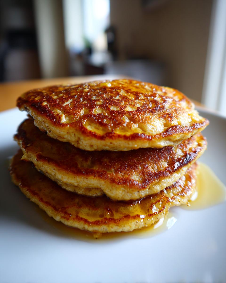 A stack of three golden-brown banana oat pancakes drizzled with syrup on a white plate.