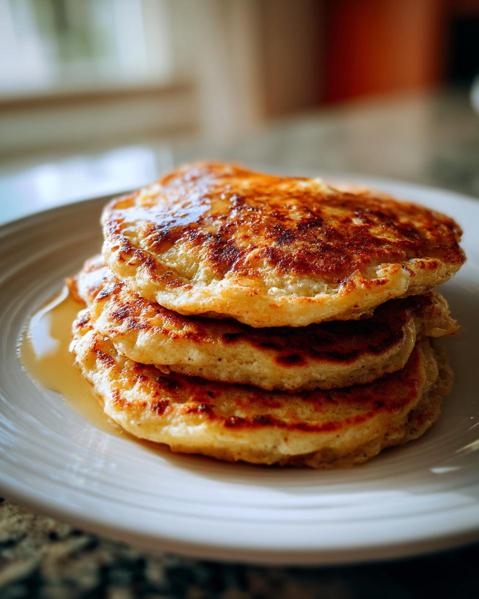 A stack of three golden-brown banana oat pancakes drizzled with syrup on a white plate.