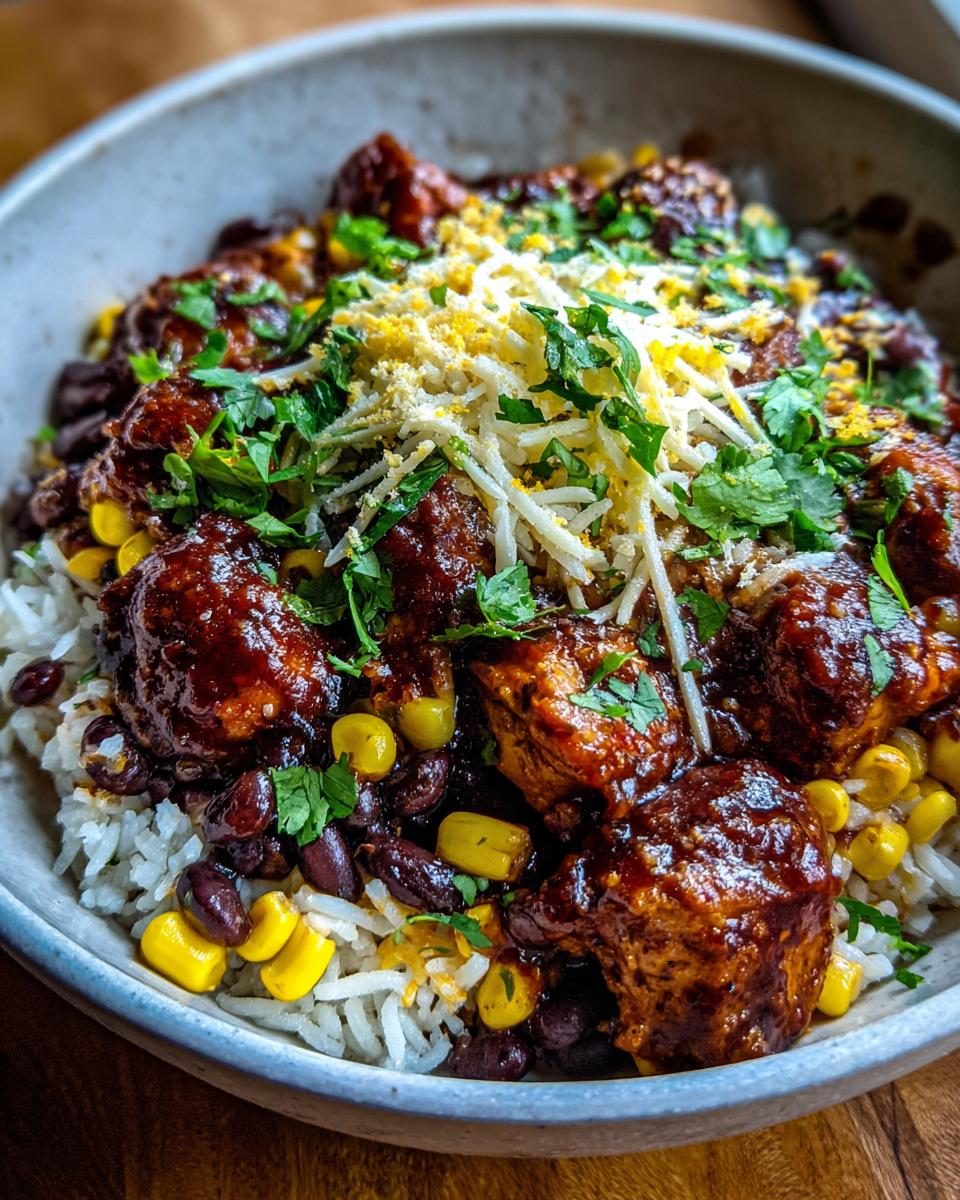 Close-up of a BBQ Chicken Bowl with rice, black beans, corn, shredded cheese, and cilantro.