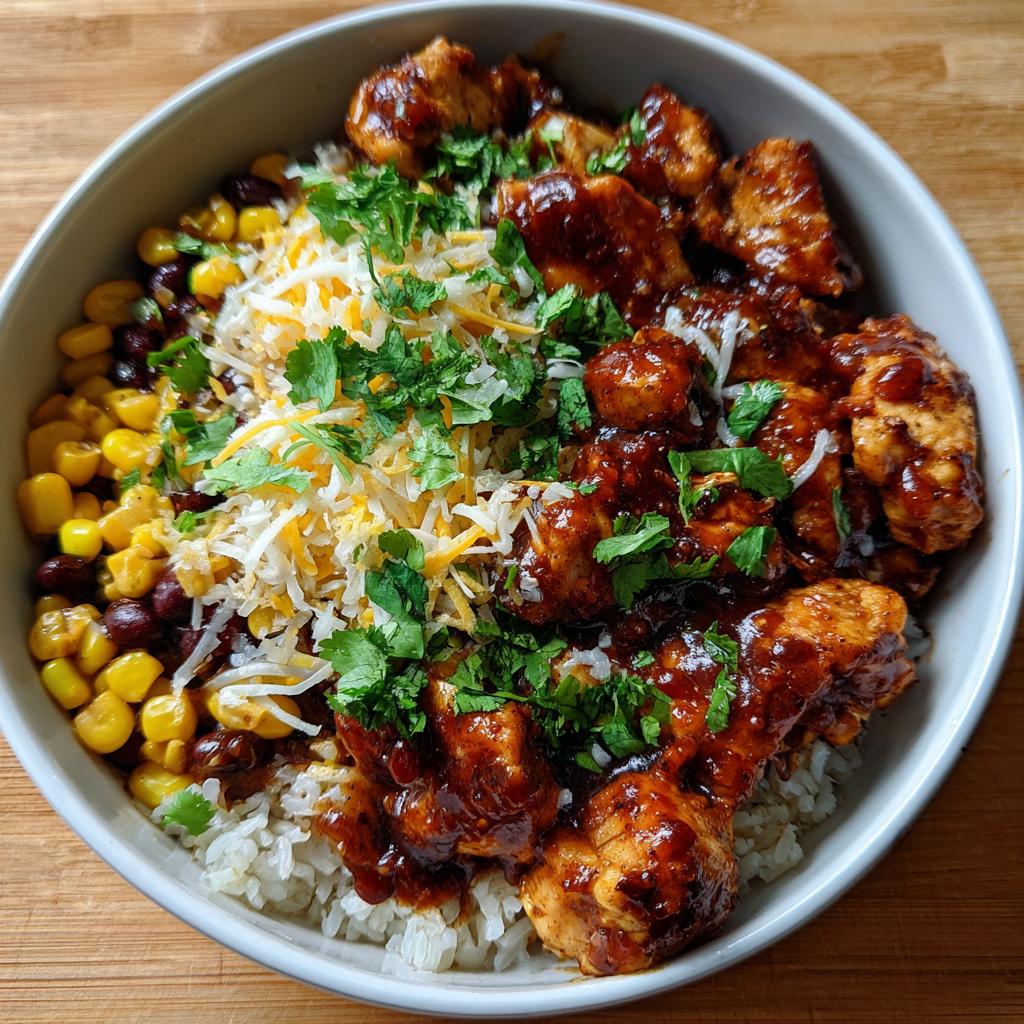 A close-up of a BBQ Chicken Bowl with rice, corn, black beans, shredded cheese, and fresh cilantro.
