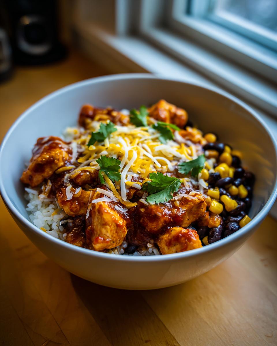 A close-up of a bowl filled with rice, black beans, corn, and BBQ chicken, topped with shredded cheese and cilantro.