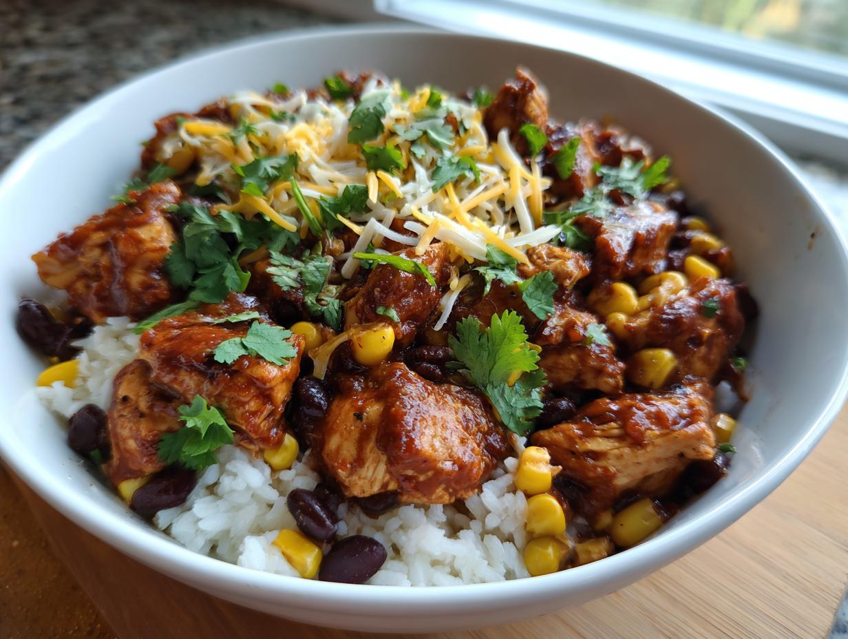 A close-up of a delicious BBQ chicken bowl with rice, black beans, corn, shredded cheese, and cilantro.