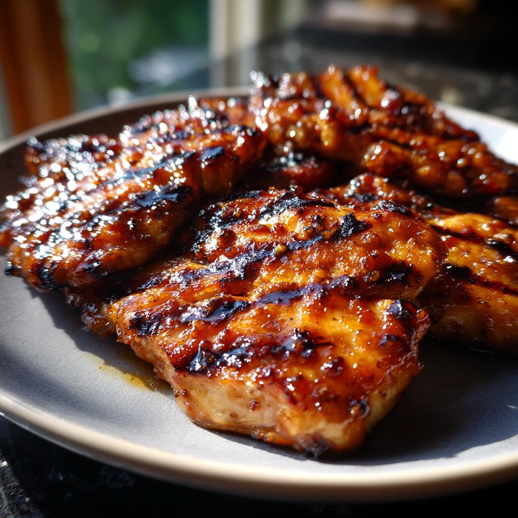 Close-up of juicy BBQ Pineapple Chicken pieces with grill marks, glazed and glistening on a plate.