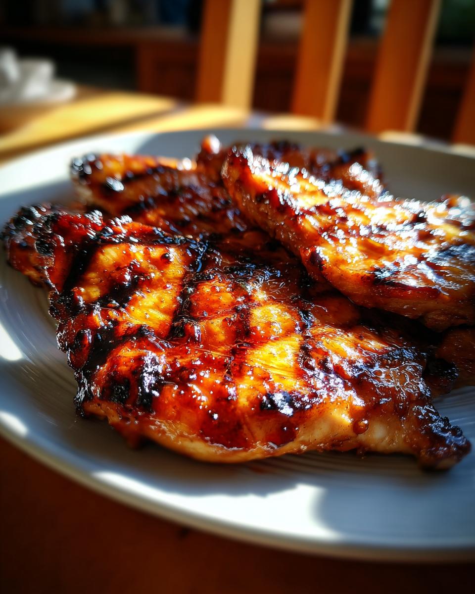 Close-up of juicy BBQ Pineapple Chicken pieces with grill marks, ready for summer grilling.