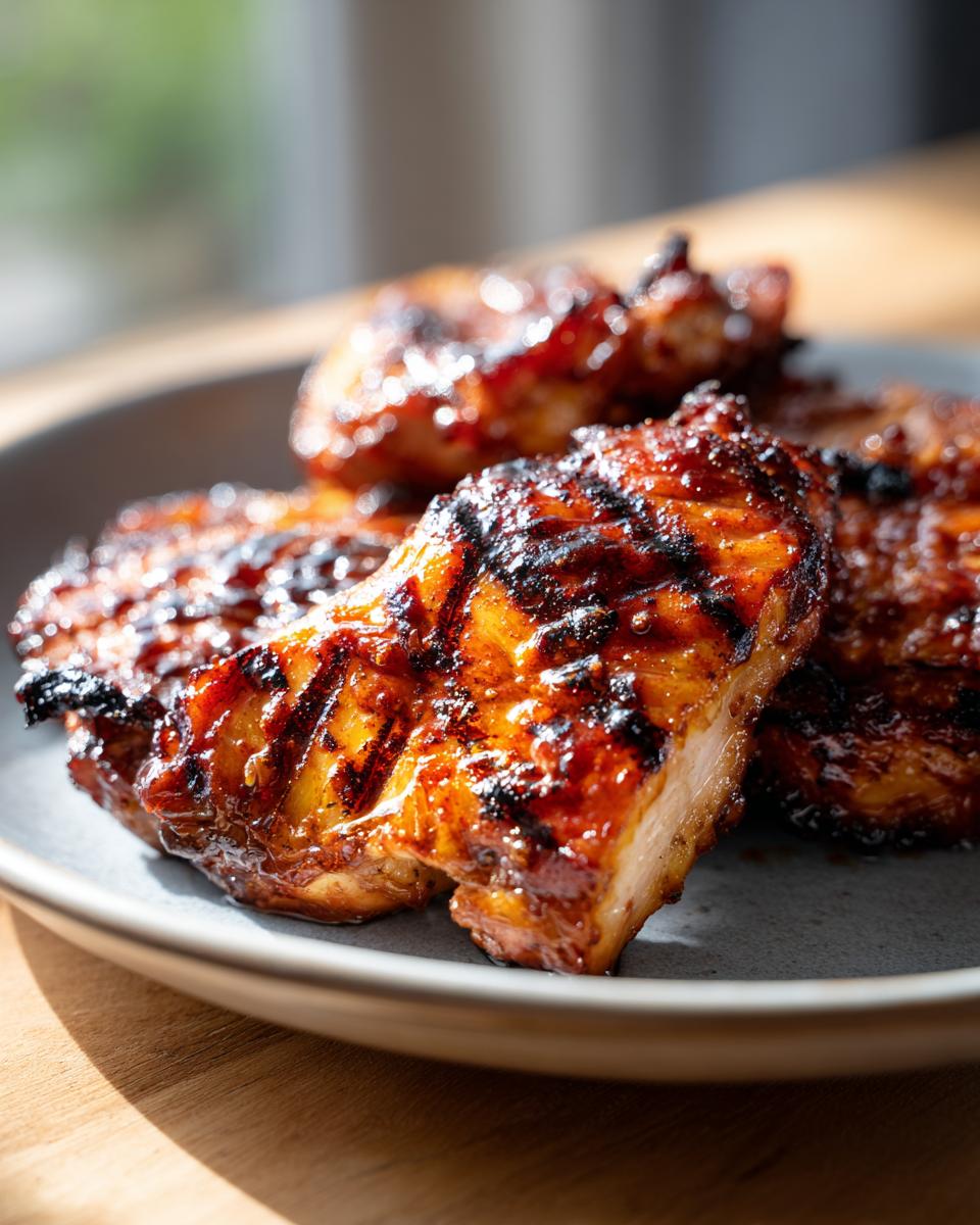 Close-up of juicy BBQ Pineapple Chicken pieces with grill marks, ready for summer grilling recipes.