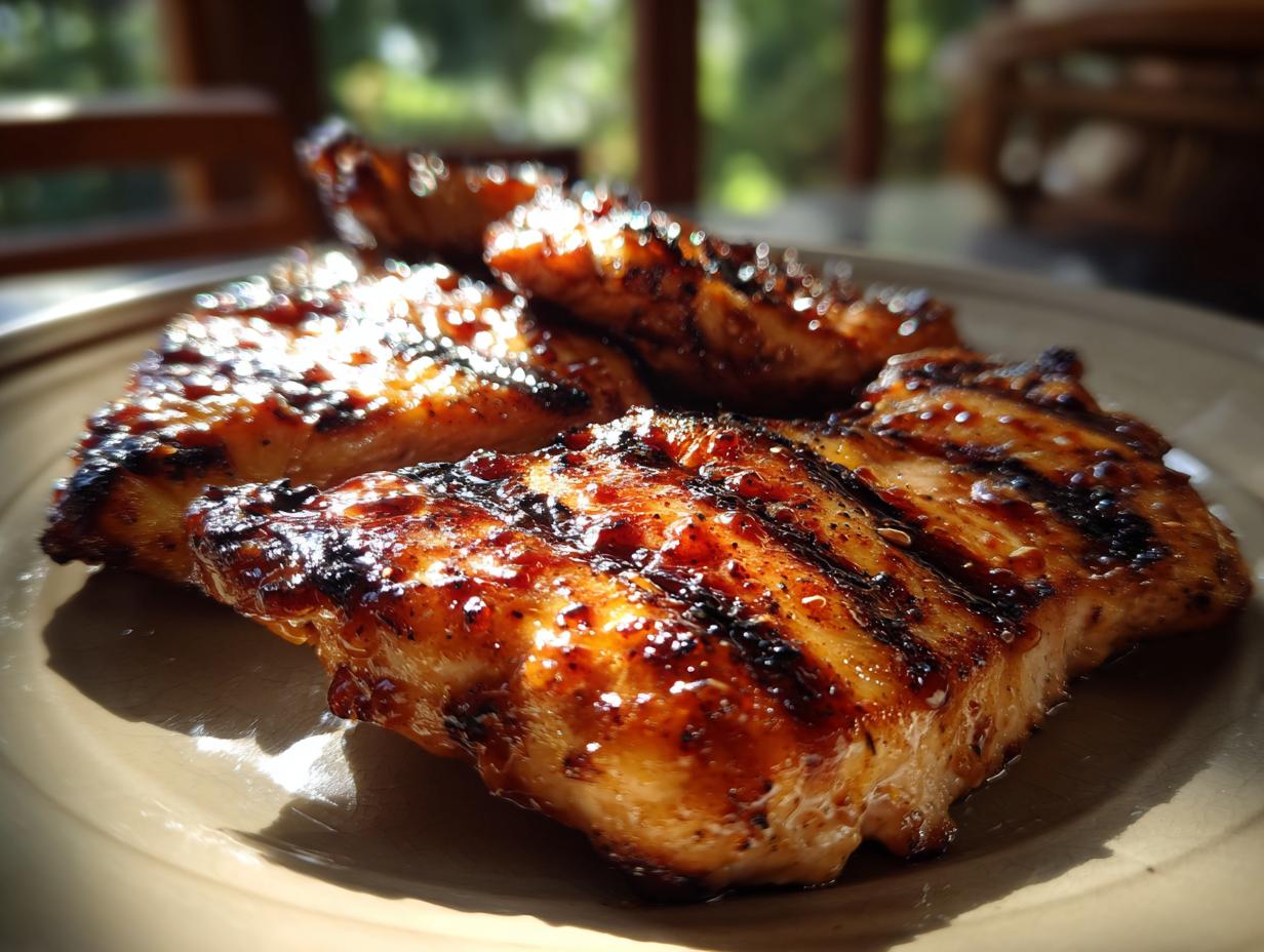 Close-up of juicy BBQ Pineapple Chicken pieces with grill marks, perfect for summer grilling recipes.