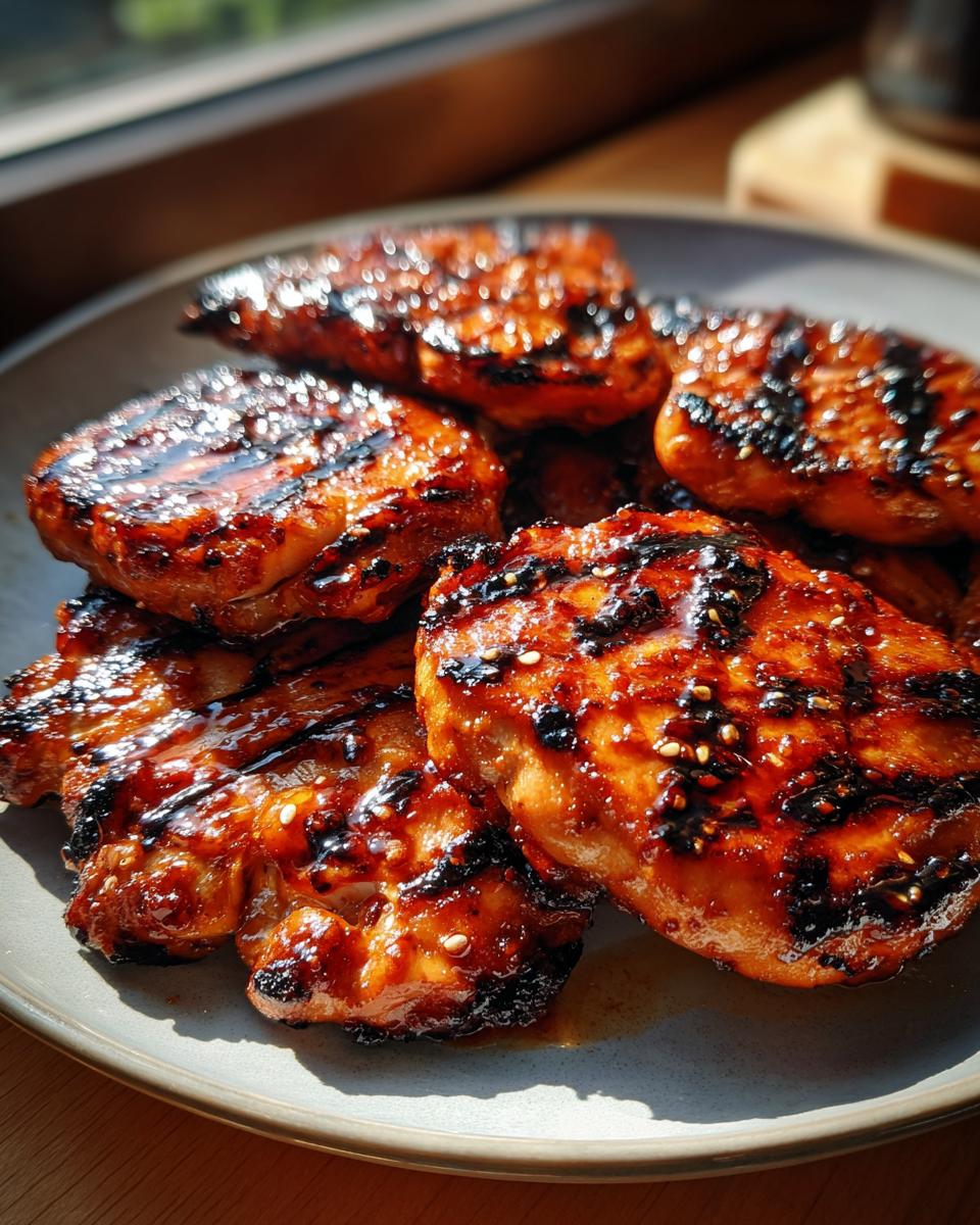 Close-up of juicy BBQ Pineapple Chicken pieces grilled to perfection, with visible grill marks and a glossy glaze.