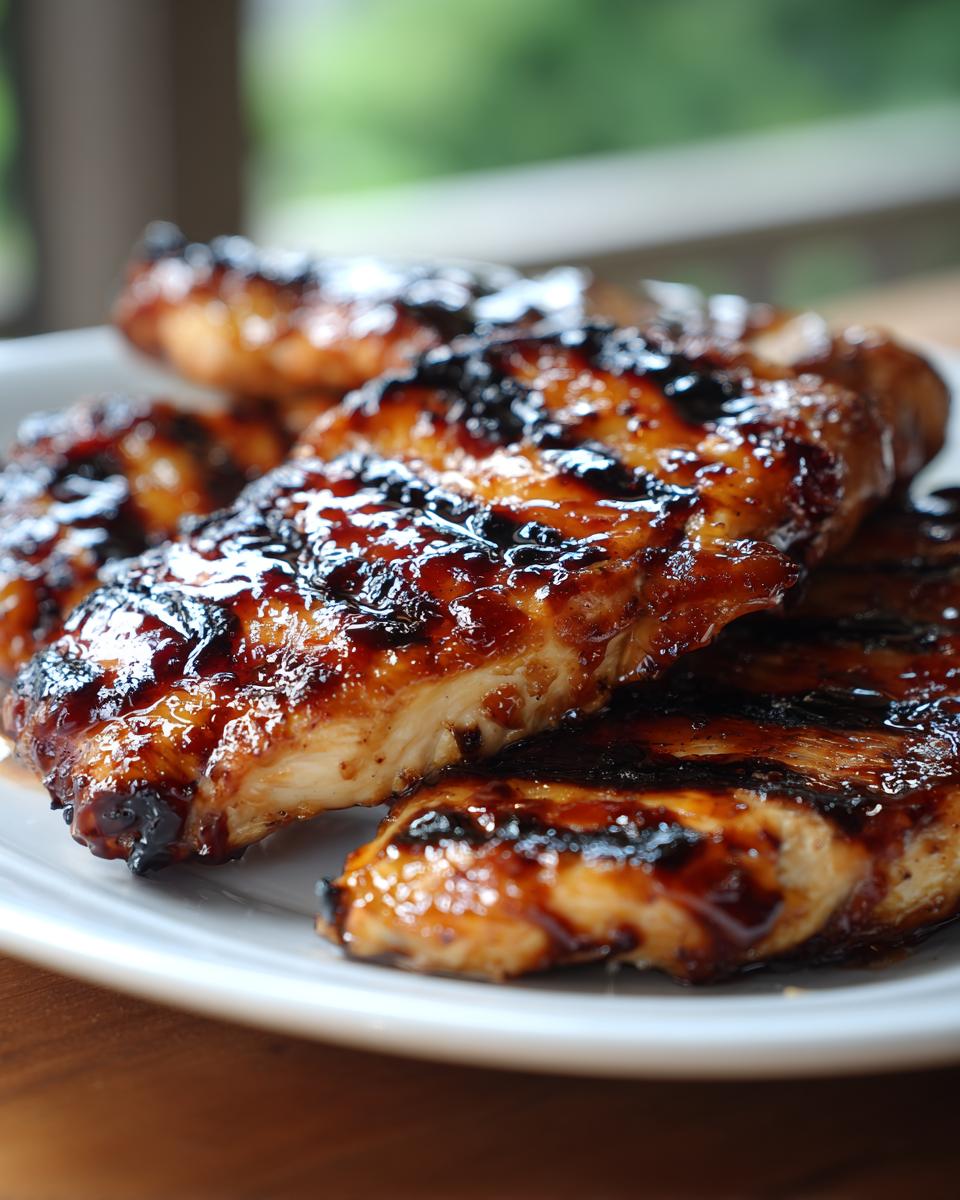 Close-up of juicy BBQ Pineapple Chicken breasts with grill marks, glazed and glistening.