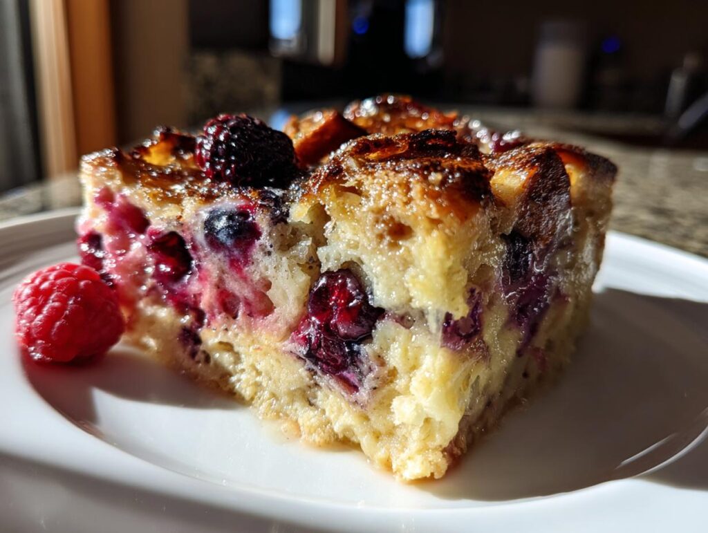 A delicious slice of Berry French Toast Bake, featuring plump berries and a golden-brown crust, perfect for weekend brunch.