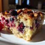 A delicious slice of Berry French Toast Bake, featuring plump berries and a golden-brown crust, perfect for weekend brunch.