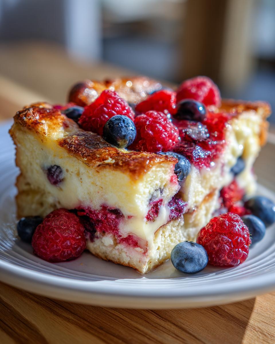 A delicious slice of Berry French Toast Bake, topped with fresh raspberries and blueberries, perfect for weekend brunch.