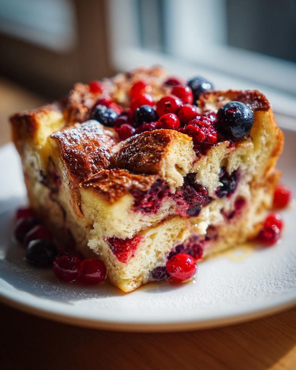 A close-up of a delicious slice of Berry French Toast Bake, topped with fresh berries and powdered sugar.