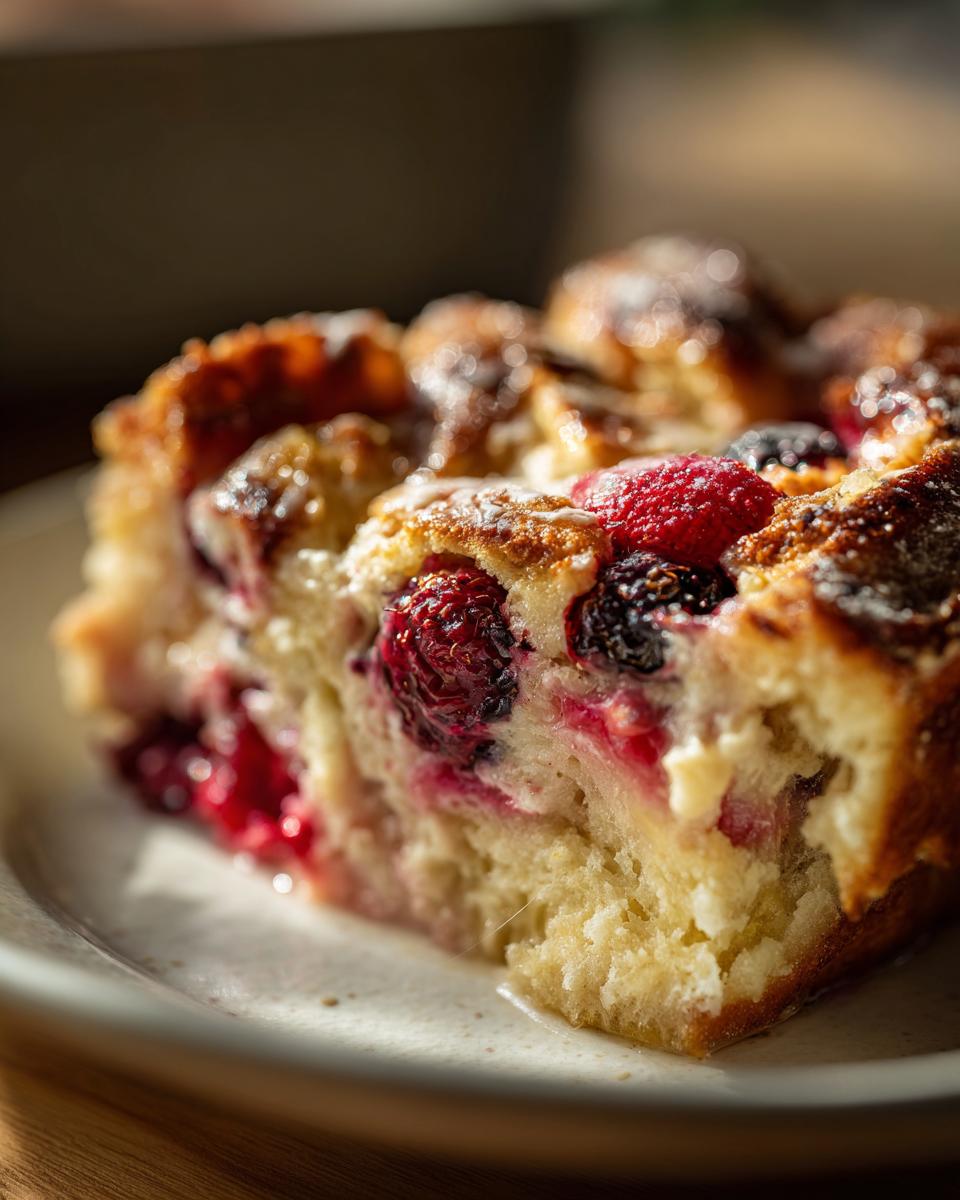A slice of Berry French Toast Bake, showcasing fluffy bread, mixed berries, and a golden-brown crust.