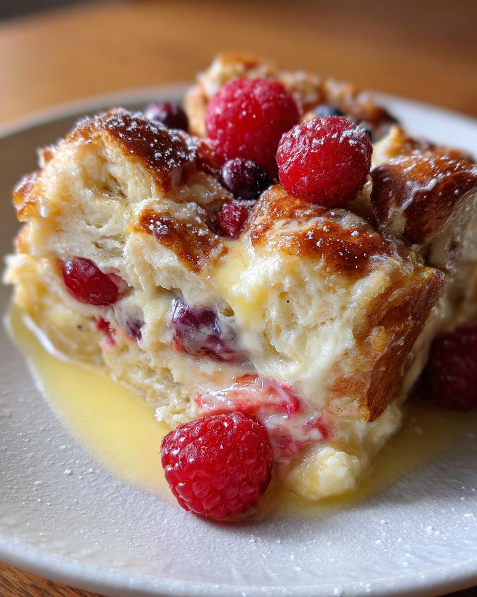 A delicious slice of Berry French Toast Bake, topped with fresh raspberries and powdered sugar, perfect for weekend brunch.