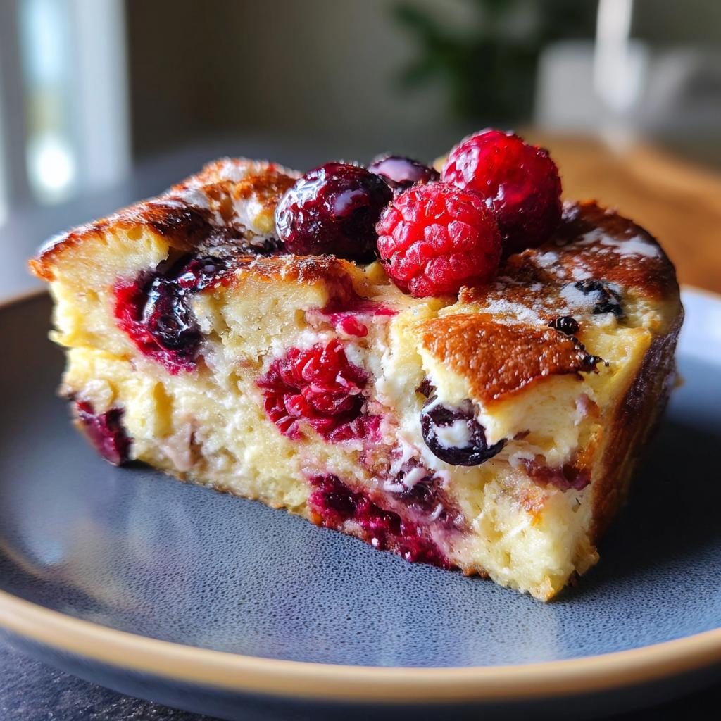 A delicious slice of Berry French Toast Bake, topped with fresh raspberries and blueberries, perfect for weekend brunch.