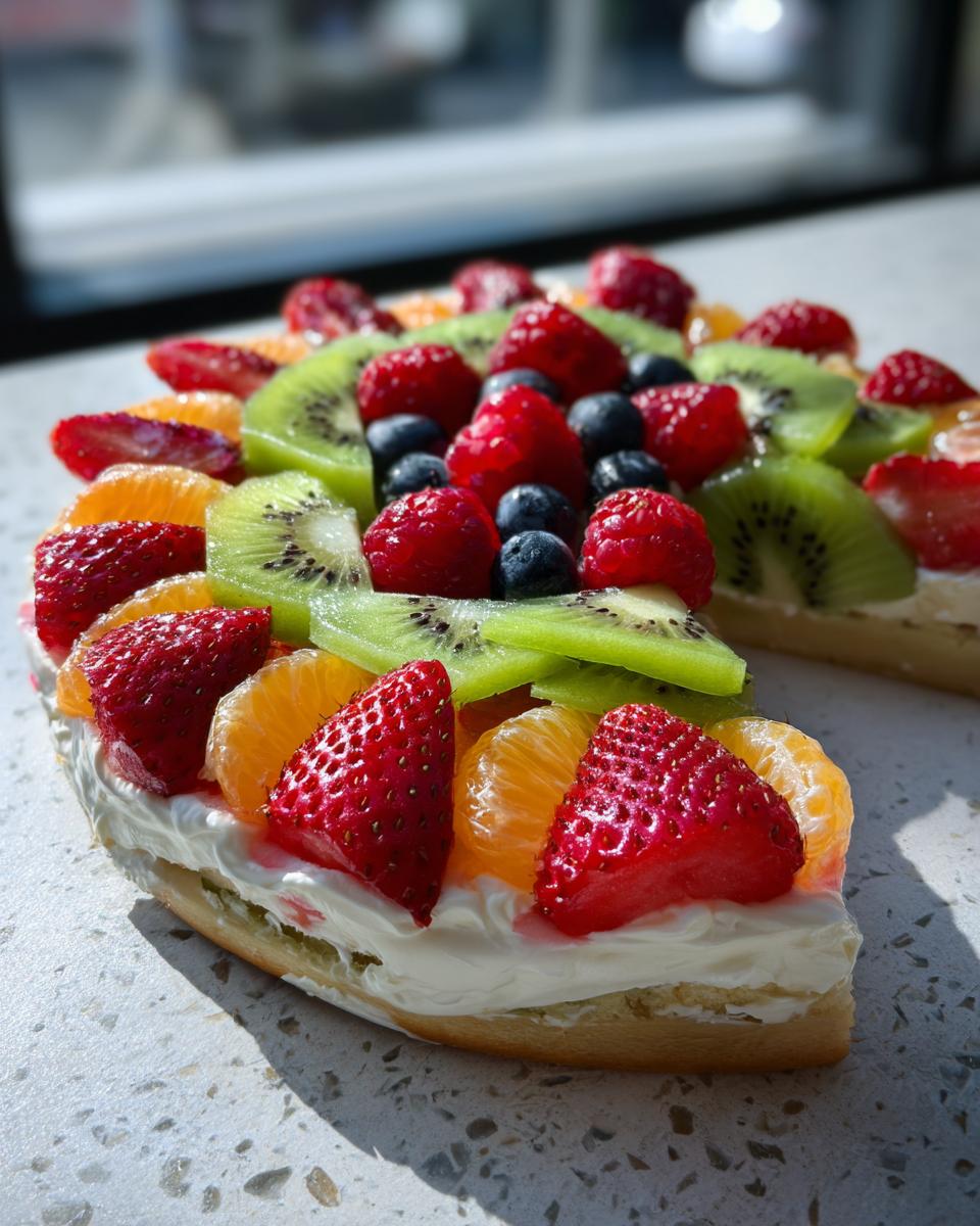 A slice of a berry fruit pizza, showcasing fresh strawberries, kiwi, blueberries, raspberries, and mandarin oranges on a creamy frosting base.