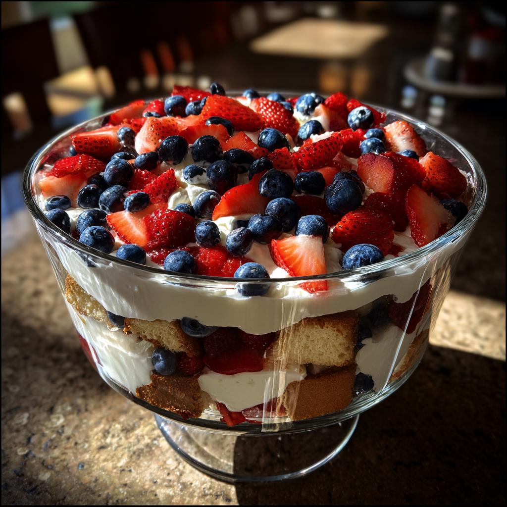 A festive Berry Trifle in patriotic layers of strawberries, blueberries, whipped cream, and cake, perfect for Fourth of July Desserts.