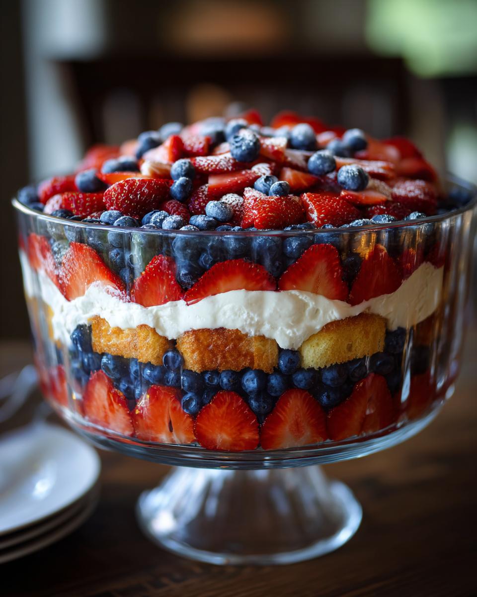 A beautiful Berry Trifle in patriotic layers of strawberries, blueberries, cake, and whipped cream, perfect for Fourth of July Desserts.