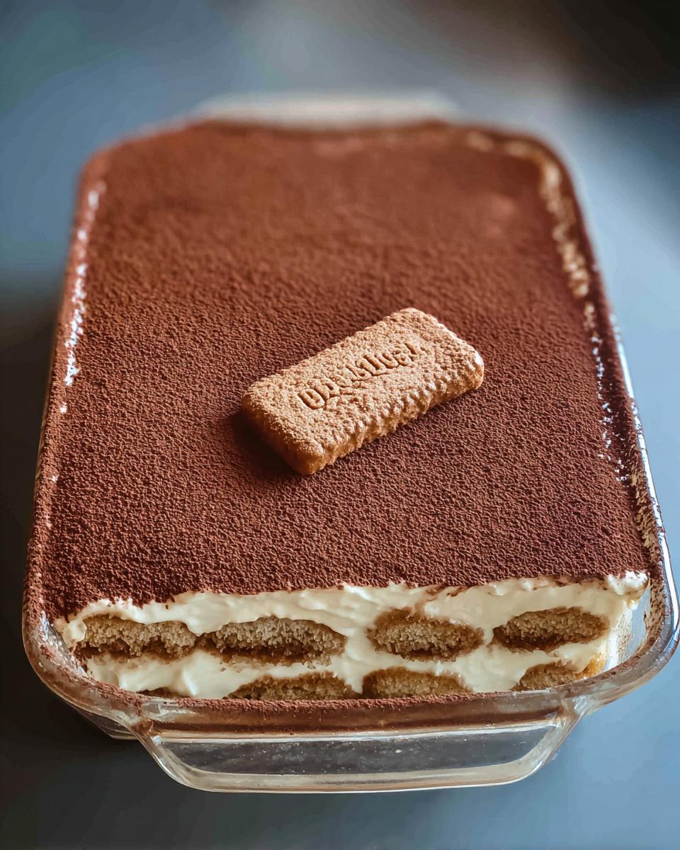 A close-up of a Biscoff Tiramisu in a glass dish, topped with cocoa powder and a single Biscoff cookie.