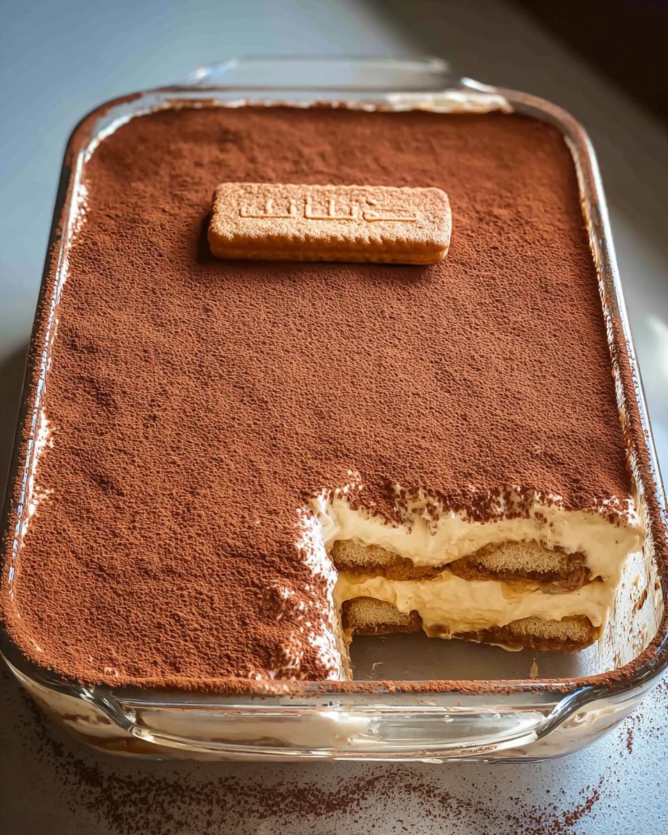 A Biscoff Tiramisu dessert in a glass dish, topped with cocoa powder and a single Biscoff cookie.