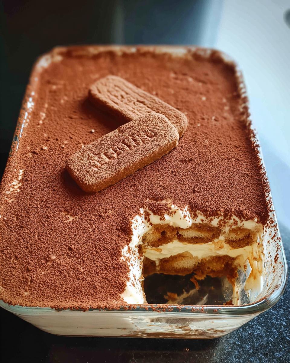 A glass dish filled with Biscoff Tiramisu, topped with cocoa powder and two Biscoff cookies. A slice has been removed.