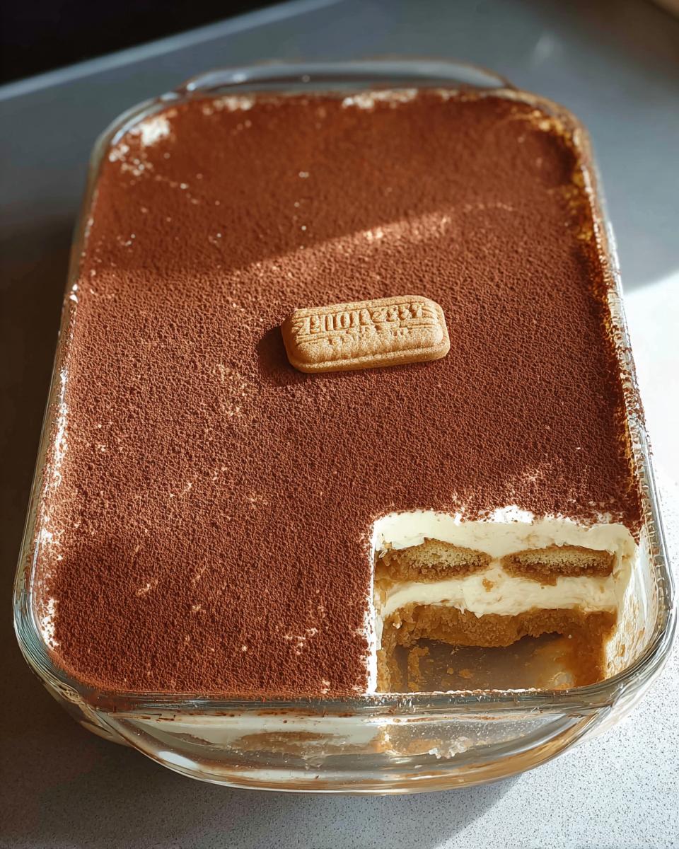 A delicious Biscoff Tiramisu in a glass dish, topped with cocoa powder and a single Biscoff cookie.