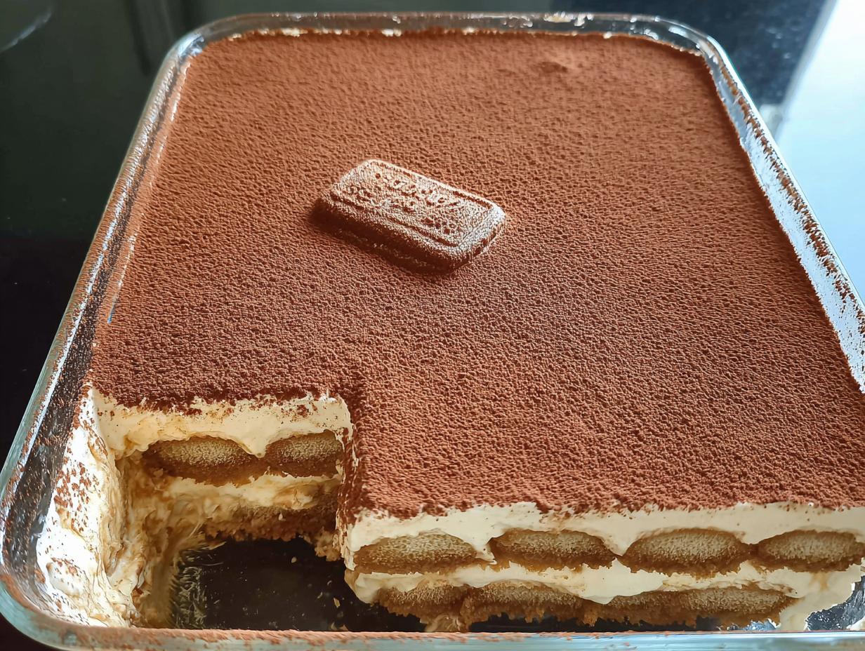 A delicious Biscoff Tiramisu in a glass dish, topped with cocoa powder and a Biscoff cookie.