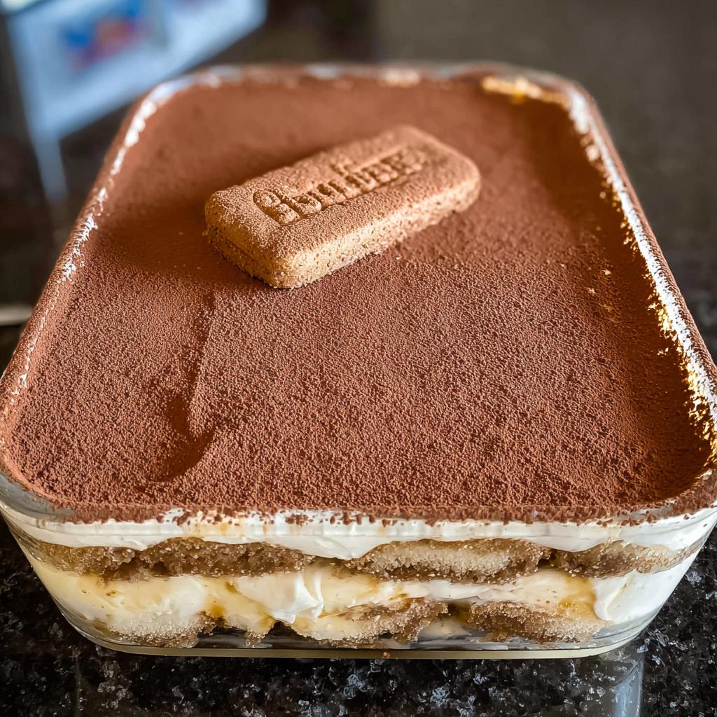 A close-up of a Biscoff Tiramisu in a glass dish, topped with cocoa powder and a Biscoff cookie.