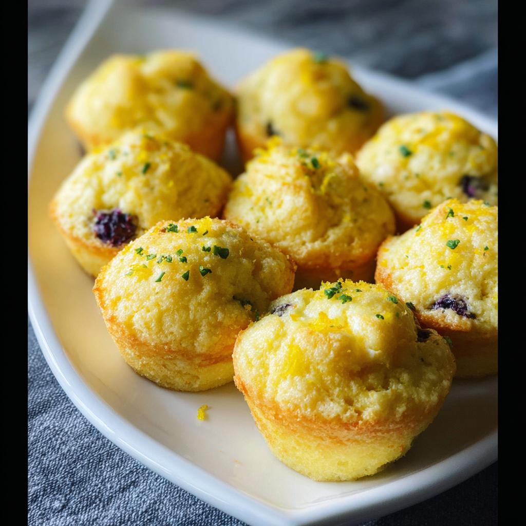 A close-up of several golden-brown Blueberry and Lemon Zest Cottage Cheese Bites, topped with lemon zest and chopped herbs.