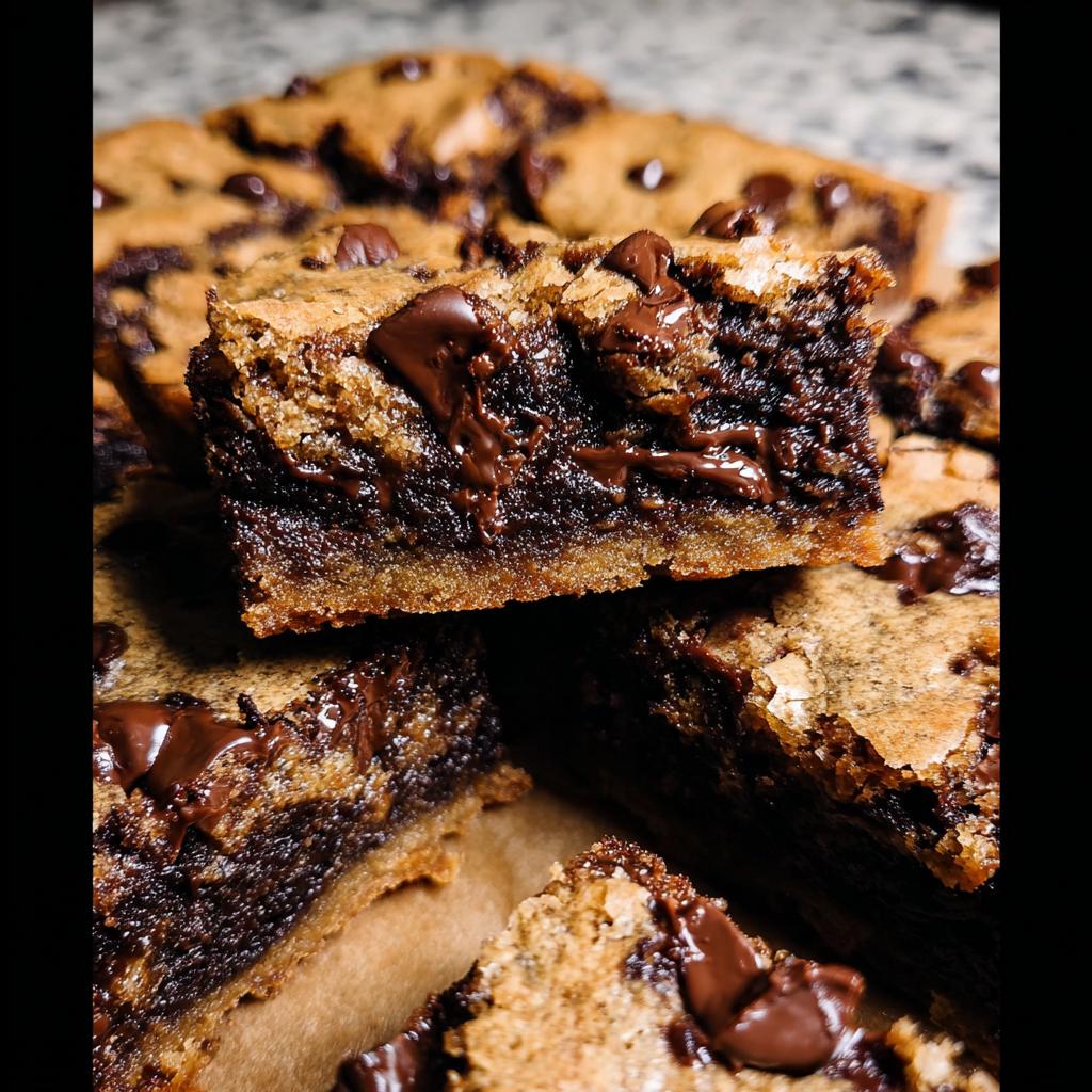 Close-up of rich brown butter brookies with melted chocolate chips, showcasing a fudgy brownie layer and cookie top.