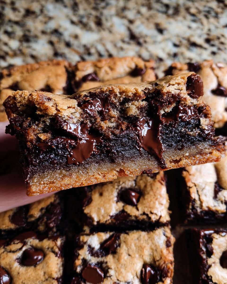 Close-up of a decadent Brown Butter Brookie bar, revealing layers of chewy brownie and chocolate chip cookie with melted chocolate.