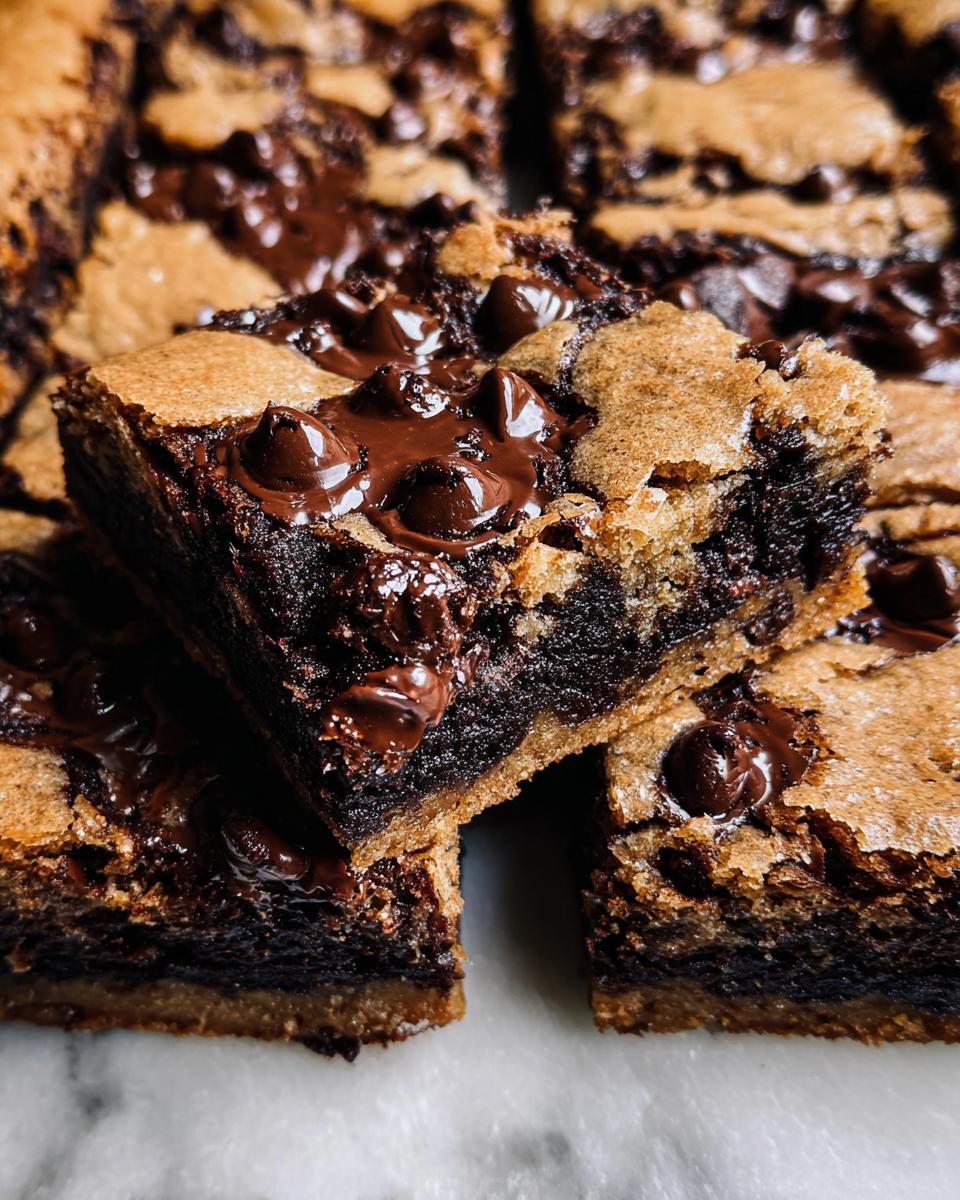 Close-up of decadent Brown Butter Brookies, layered with rich chocolate and melty chocolate chips.