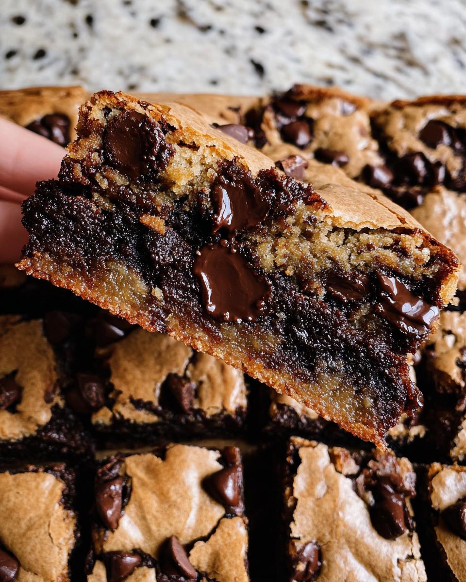A close-up of a hand holding a rich Brown Butter Brookie, revealing layers of chewy brownie and chocolate chip cookie with melted chocolate chips.