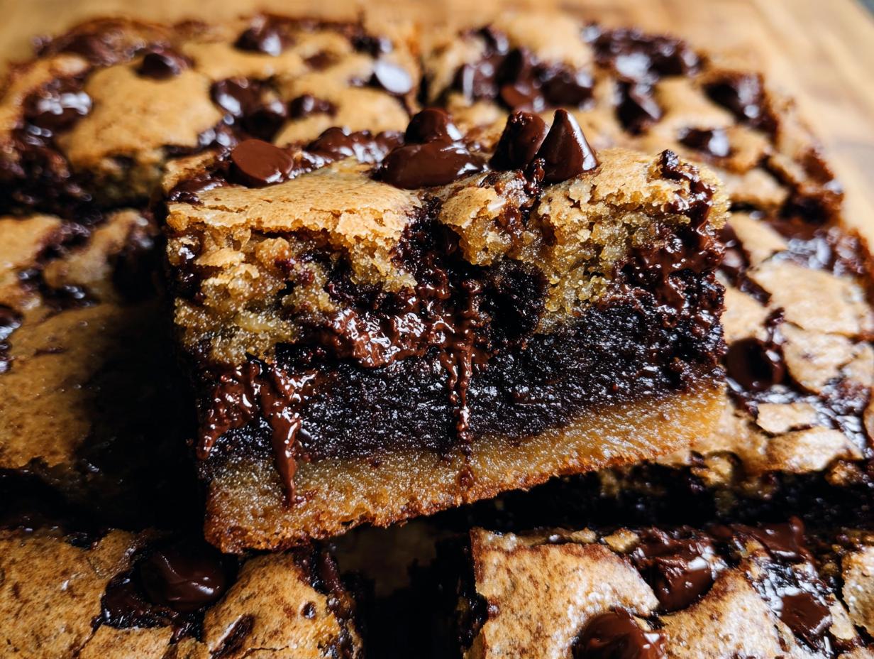 Close-up of a decadent Brown Butter Brookie, showing layers of chewy cookie and rich brownie with melted chocolate chips.