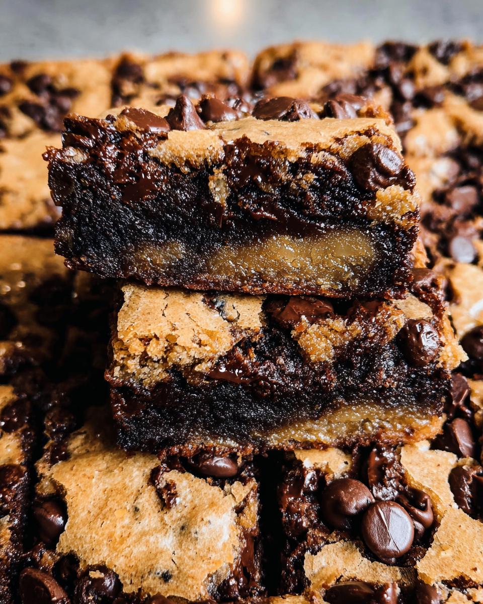 Close-up of stacked Brown Butter Brookies, showing layers of chewy brownie and chocolate chip cookie.