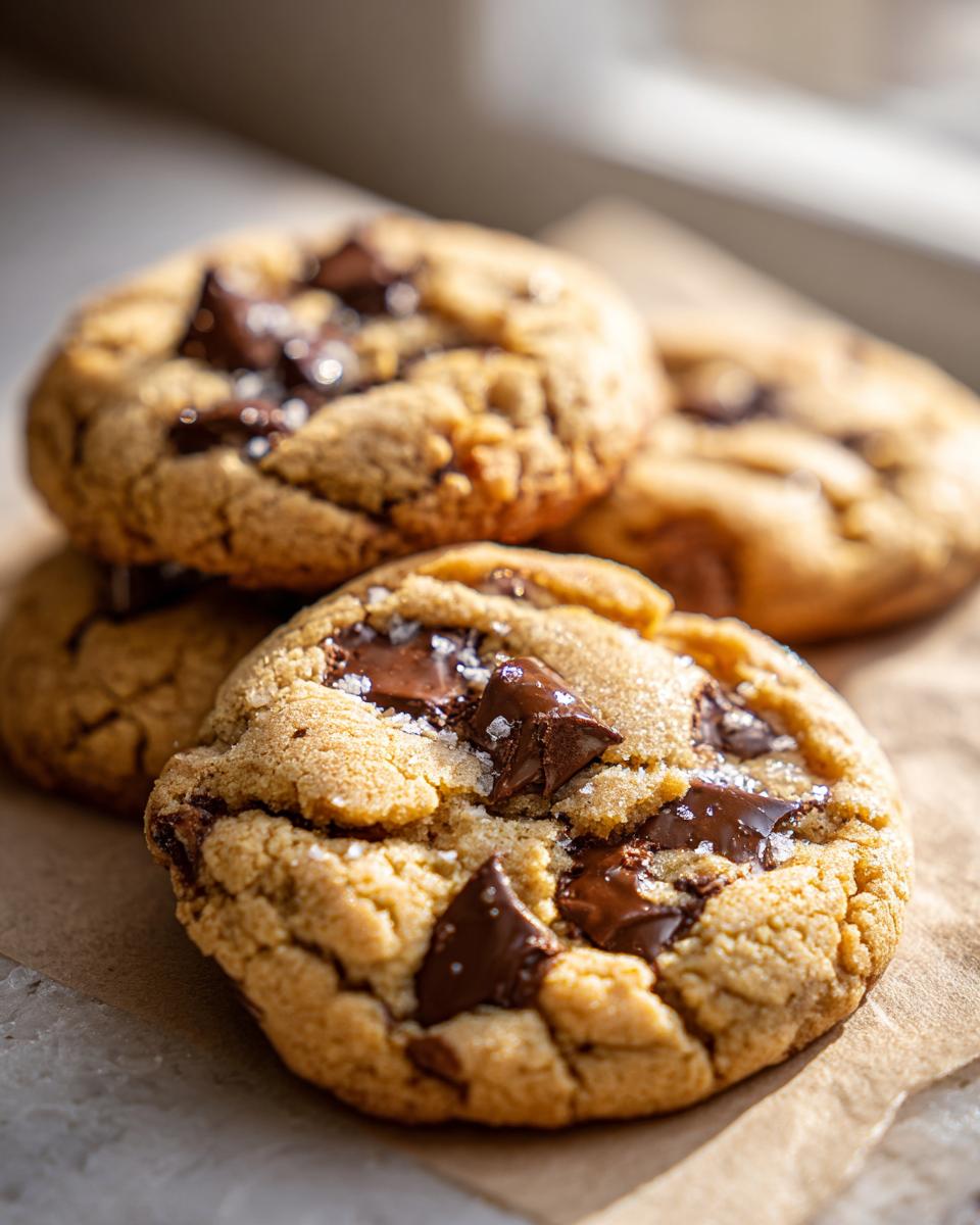 Close-up of freshly baked brown butter chocolate chip cookies with flaky sea salt.