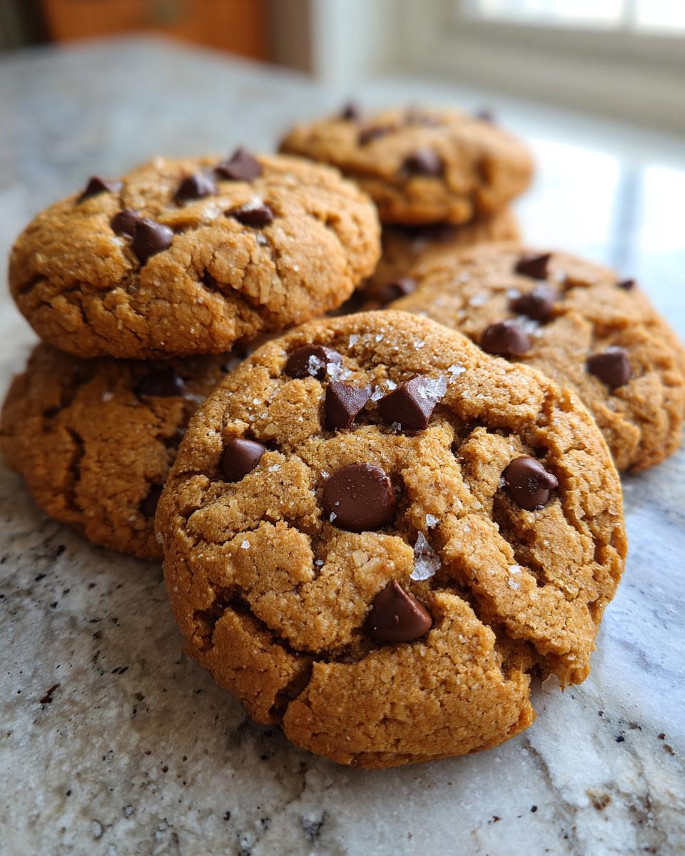 Close-up of freshly baked brown butter chocolate chip cookies sprinkled with sea salt.