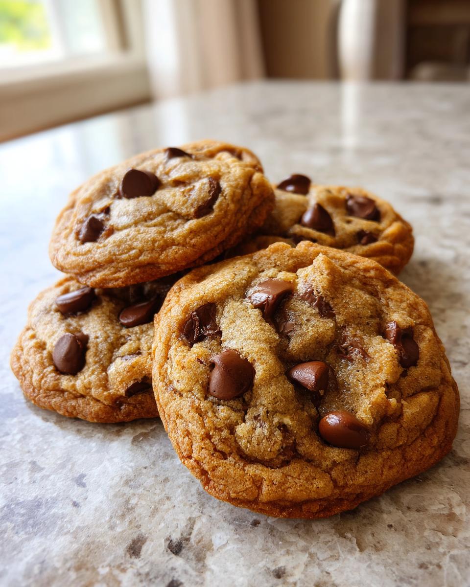 Close-up of freshly baked brown butter chocolate chip cookies, showcasing a golden-brown texture and melty chocolate chips.