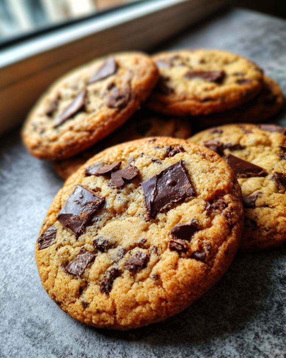 Close-up of fresh brown butter cookies studded with chunks of dark chocolate.