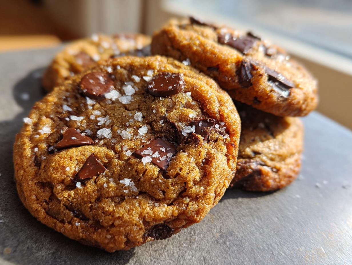 Close-up of freshly baked brown butter chocolate chip cookies sprinkled with sea salt.