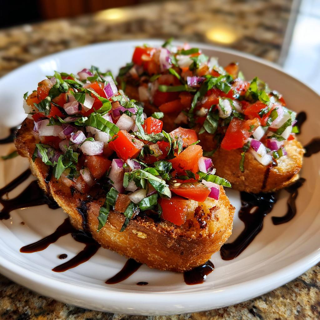 Three pieces of bruschetta chicken, topped with diced tomatoes, red onion, and basil, drizzled with balsamic glaze.